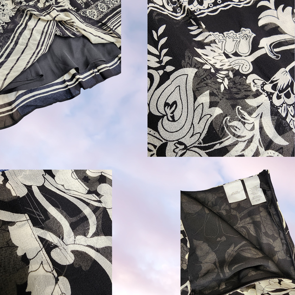 Jones New York Black Off White Floral Mod Retro Long Midi Pleated Silk Skirt 12 - Picture 4 of 5